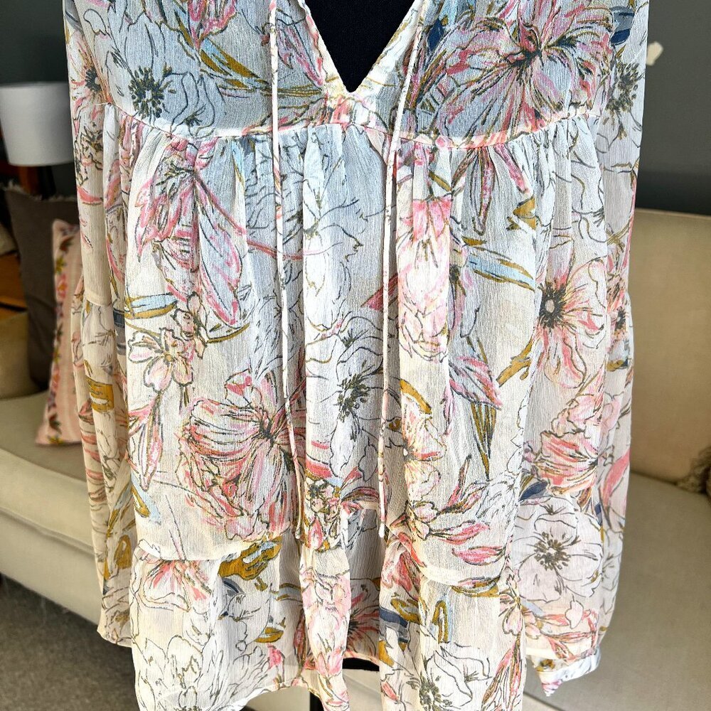 Lucky Brand White Floral Tie-Neck Peasant Blouse with Pink and Green Print - Picture 3 of 8